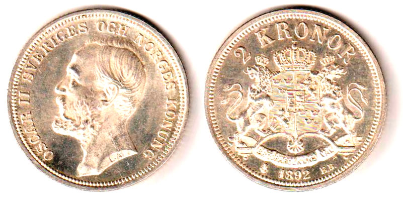 2 krona utgiven av Oscar II år 1892.
